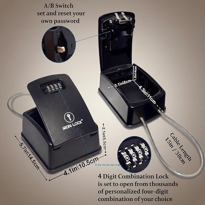 Iron Lock® Key Lock Box Portable with Cable Shackle & Wall Mount – Waterproof Heavy Duty Metal Lock Box for Keys with 4-Digit Combination Code on Door Knob, Fence, Pipe or Gate (Black, XXL)