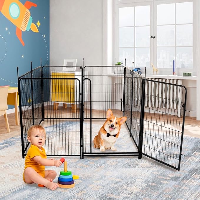 Tall Garden Fences and Borders for Dogs, 48 inch High Garden Fence, 12 Panels Total 26.6 Ft, 21 in Wide Low Threshold Gate. Modular Fencing, Dog Fence Outdoor for Yard. Rabbit Fences