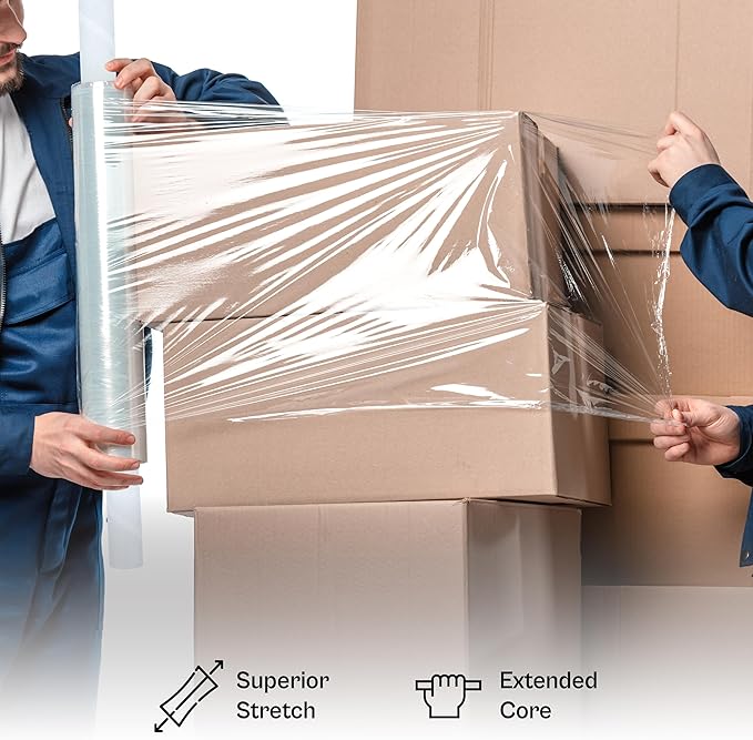 PSBM Stretch Wrap with Handles, 4 Pack, 20 Inch x 700 Feet, 120 Gauge, Clear Plastic Cling with Extended Core Handles Built in