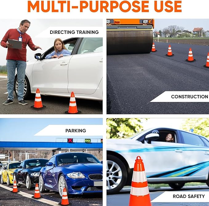 Pyle 18" PVC Traffic Cones, 6-Pack Safety Cones for Parking, Construction, Roadwork, & Sports Training, High-Visibility Orange, Durable, Stackable Design, Heavy-Duty Base for Stability in All Weather