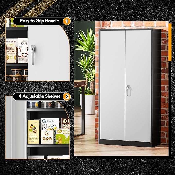 Greenvelly Metal Storage Cabinet, 72" Metal Garage Storage Cabinet with 2 Doors and 4 Adjustable Shelves,Steel Cabinets with Locking Doors for Home Office,Garage,School,Gym(Black Grey)