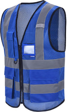 A-SAFETY High Visibility Mesh Safety Reflective Vest with Pockets and Zipper,Hi Viz Work Vest for Men Women (Blue Mesh M)