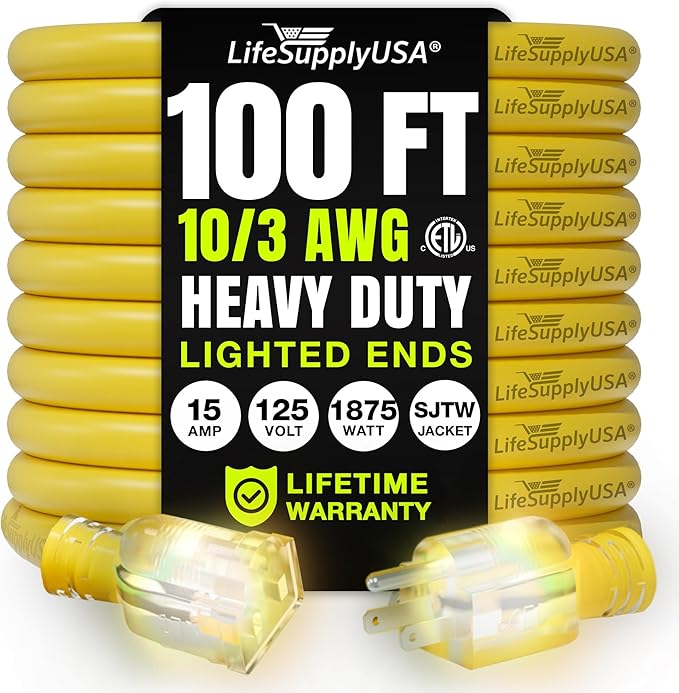 100ft Outdoor/Indoor Extension Cord 10/3 Gauge Ultra Heavy Duty 3 Prong SJTW, Waterproof, ETL Listed, Flexible Cold-Resistant Long Power Cord,15A 125V 1875W, Yellow by LifeSupplyUSA