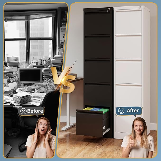 5 Drawer File Cabinet with Lock, Vertical Filing Cabinets for Home Office, Metal Storage Cabinets, Heavy Duty File Cabinet for Letter/Legal/A4/F4 Size Amssebly Required, White