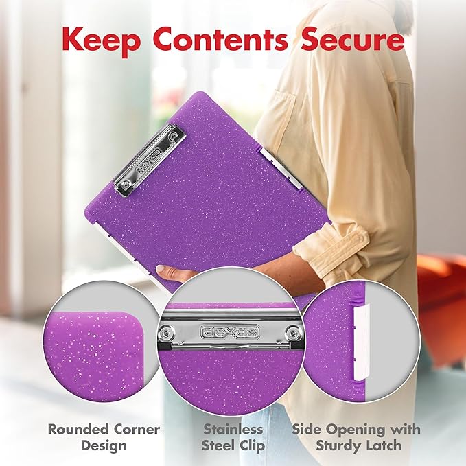 Dexas Slimcase 2 Plastic Clipboard with Storage and Side Opening, Purple Glitter, Office Supplies Clipboards to Organize, Carry and Store, A4 Holder, Style and Functionality Nursing Clipboard