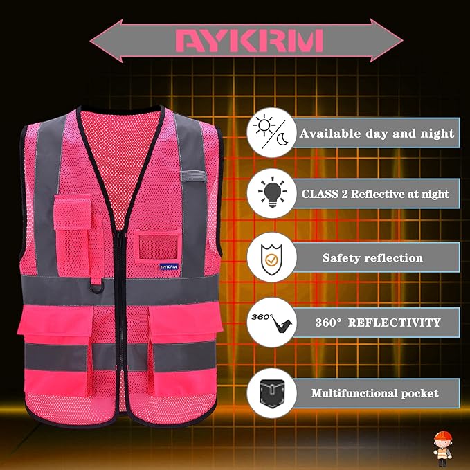 A-SAFETY High Visibility Mesh Safety Reflective Vest with Pockets and Zipper,Hi Viz Work Vest for Men Women (Pink Mesh S)