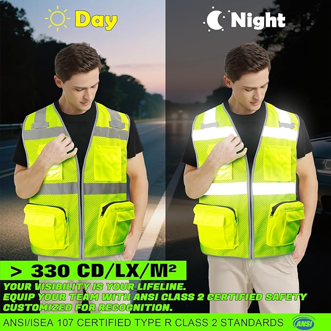 BeautyWill Custom Logo 10 Pack Safety Vest Mesh High Visibility Reflective Vest Customized Logo Utility Zipped Pockets Construction Workwear （Yellow,L）