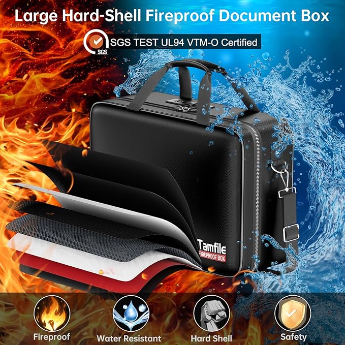 Tamfile Fireproof Document Box with Lock, Hard Case Fireproof Water Resistant File Organizer with 24 Colorful Pockets, Fire Safe Box for Important Documents, Valuables, Laptop, Passports (Black)