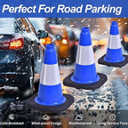 BESEA 4Pack 18 Inch Blue Traffic Cones with 6 Inch Reflective Collar, Heavy Duty PVC Safety Cones with 10.5 x 10.5 Inch Base for Parking, Driving Practice, Sports Training, and Construction