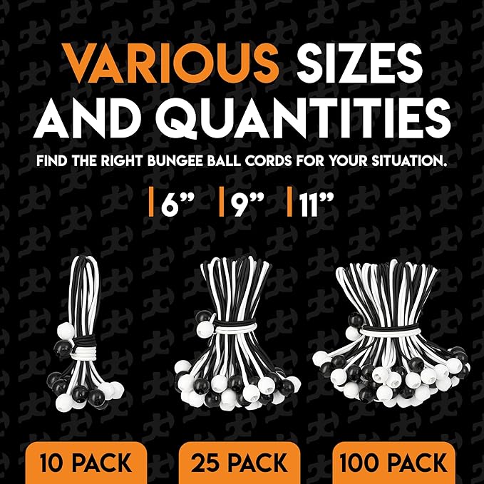 Xpose Safety Bungee Ball Cords 9" 100 Pack Heavy Duty Assorted Colors Black and White Stretch Rope with Ball Ties for Canopies, Tarps, Walls, Cable Organization