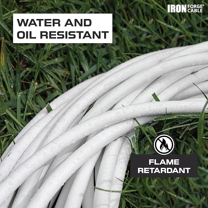Iron Forge Cable 25ft White Outdoor Extension Cord with 3 Outlets - 14/3 SJTOW Oirl Resistant 15 Amp 25ft Extension Cord 3 Prong - Multiple Outlets with Lighted End