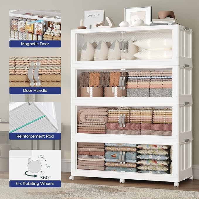 300GAL Plastic Storage Bins with Lid, 1200QT Extra Large Stackable Closet Organizers and Storage, Collapsible Storage Boxes with Wheels, Folding Cabinet for Home Kitchen Office, 5Pack White