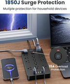 Surge Protector Power Strip-14 Outlets and 6 USB Ports, 10 Feet Flat Plug Extension Cord, 1850 Joules, Black, ETL Listed for Home, Office, Dorm Room