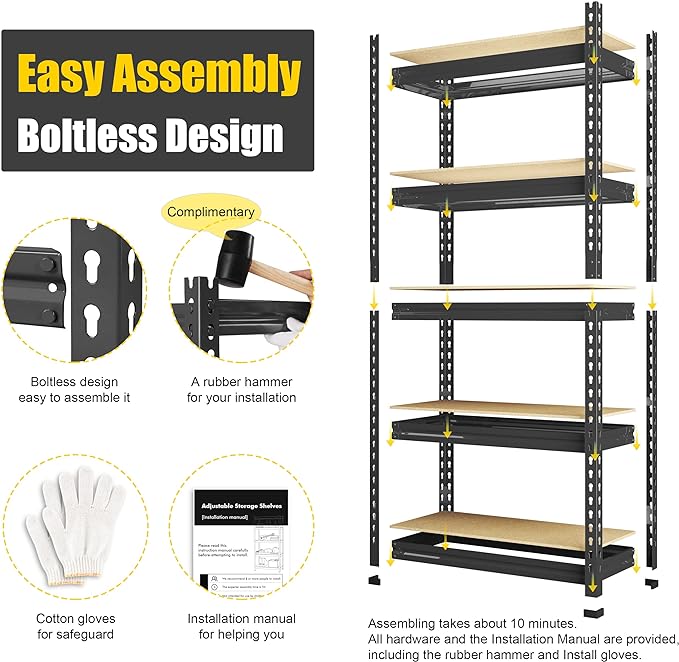 PrimeZone Storage Shelves 5 Packs 5 Tier Adjustable Garage Storage Shelving, Heavy Duty Metal Storage Utility Rack Shelf Unit for Warehouse Pantry Closet Kitchen, 28" x 12" x 59", Black