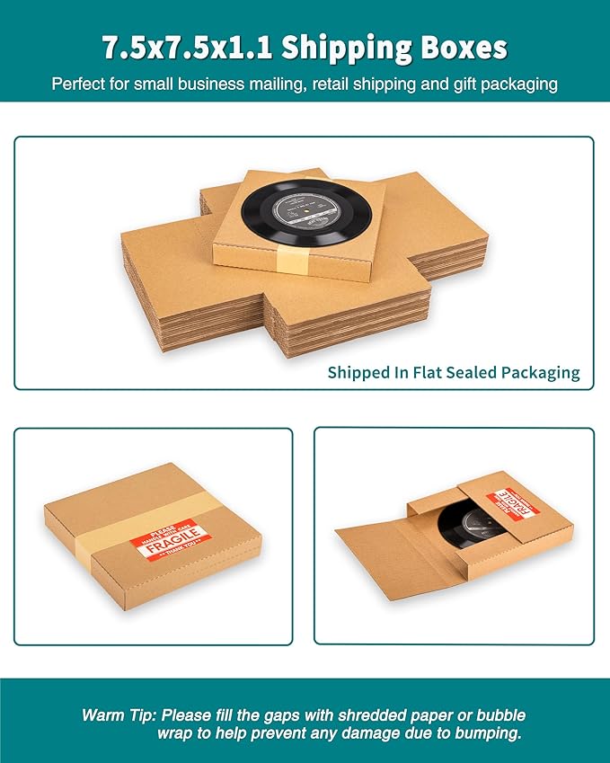 50 Pack 7" 45 RPM Vinyl Record Mailers, 7.5"L x 7.5"W x 1.1"H Kraft Corrugated Album Shipping Boxes for Small Business Packaging Mailing Moving Storage, with Fragile Stickers