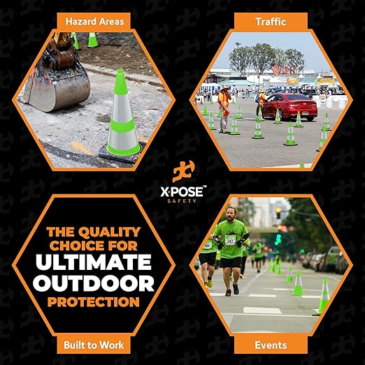 Xpose Safety 28” Lime Green Traffic Cone Dual 6" & 4" Reflective Collar – 1 Pack Multipurpose Premium PVC Safety Cone for Parking, Caution, Construction, Road Crews, Emergency Vehicle - DOT Approved