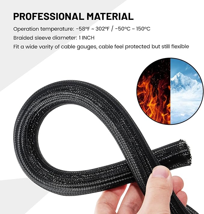 RED WOLF 10 Feet - 1 Inch Braided Wire Cable Sleeve Split Wiring Loom Tube Flexible Self-Wrap for Automotive Computer Cable Cord Management Cover Protector, Anti-Scratch High-Temperature Black Loom