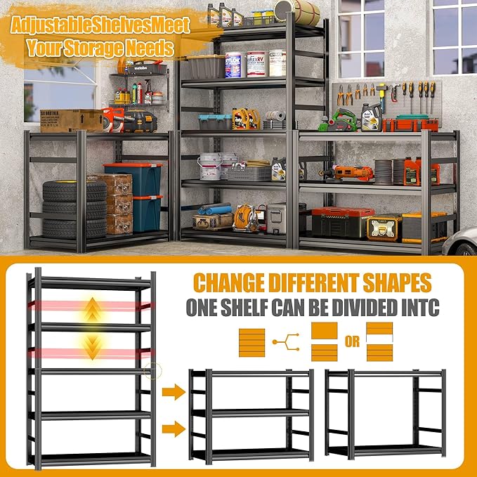 6-Tier Garage Shelves, Metal Shelving Unit, Adjustable Storage Shelves Heavy Duty 36''W*16''D*82''H，Double-Layer Column with Reinforced Ribs Capable of Bearing 3624 Lbs for Garage, Basement, Warehouse