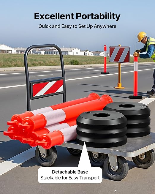 VEVOR 6 Pack Traffic Delineator Posts, 48 inches Traffic Safety Cones with Fillable Base and Reflective Strips, Heavy Duty Delineator Posts for Construction Site, Parking Lot, Crowd Control, Red