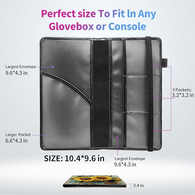 Car Registration and Insurance Card Holder - Sunflowers　strips Leather Document Organizer & Bifold wallet for License, Insurance Cards | Fits Vehicle Glove Box & Visor