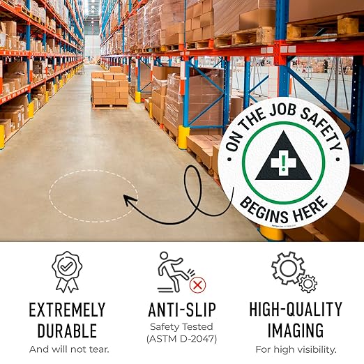 On The Job Safety Begins Here 18x18 inches, Floor Decal Anti-Slip Adhesive Floor Sign Made in USA