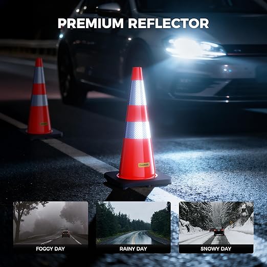 6 Pack 28 Inch Traffic Cones with Black Base, from -22℉ to 131℉, MUTCD-Compliant Orange Safety Cone with Reflective Collar ＆ Extra Caution Tape for Parking Lot, Construction Work, Road Safety