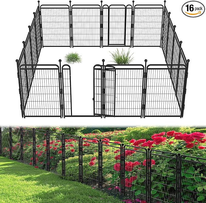 40 in(H) Decorative Garden Fence Outdoor for Yard with 2 Gates,Heavy Duty Iron 16 Panels Total 34.7ft(L) Anti Dig Fence with Gravity Automatic Lock for Indoor/Outdoor Decorative Dog Fence,Black