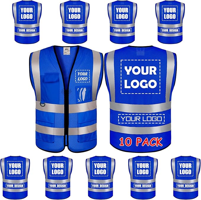 10 Pack Mesh Safety Vest Custom Logo Class2 High Visibility Reflective Vest with 5 Pockets Construction Security Work Vest ANSI/ISEA Standards（Blue，4XL ）