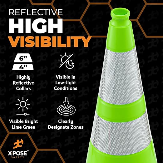 Xpose Safety 28” Lime Green Traffic Cone Dual 6" & 4" Reflective Collar – 8 Pack Multipurpose Premium PVC Safety Cone for Parking, Caution, Construction, Road Crews, Emergency Vehicle - DOT Approved