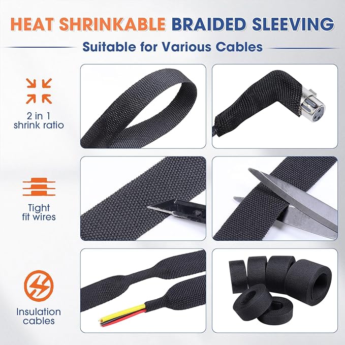 2:1 Heat shrinkable Braided Sleeving Fabric Wire Loom High Temp Heat Shrink Wiring Harness Abrasion Protector Cable Sleeve(1/2"-34ft)