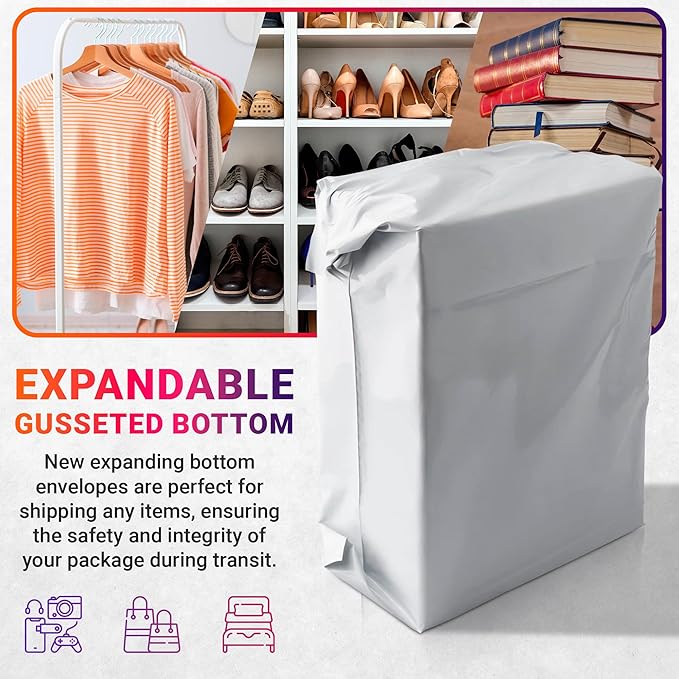 ABC PACK & SUPPLY White Gusseted Poly Mailers, 24 x 21 x 6 Inch. Pack of 100 Expansion Poly Mailers Bags. Shipping Envelopes for Clothing, 2.5 Mil. Plastic Shipping Bags Self Seal. Mailing Packages