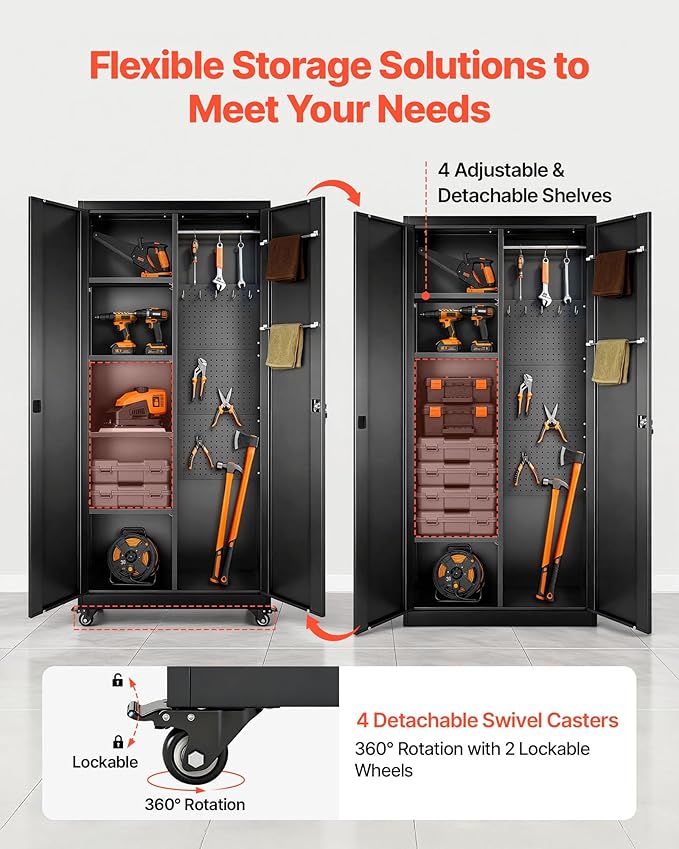 VEVOR Metal Storage Cabinet, 70.6 in Rolling Steel Garage Cabinet with Adjustable Shelves, 2 Magnetic Doors, Hanging Rod & 3 Rod Hooks, 5 Tiers Lockable Tool Storage for Pantry, Warehouse, Basement
