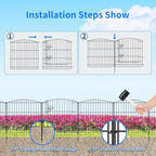 INJOPEXI Decorative Garden Fence 6 Panels 11.8ft (L)×24in (H) with 5 Panels 1 Gate Rustproof Wire No Dig Animal Barrier Fencing for Outdoor Backyard Black