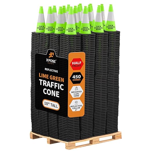 Xpose Safety 18" Lime Traffic Cones 6" Reflective Collar - Bulk Half Pallet 450 Pack - Premium PVC Safety Cone for Parking, Caution, Construction, Road Crews, Emergency Vehicle - DOT Approved