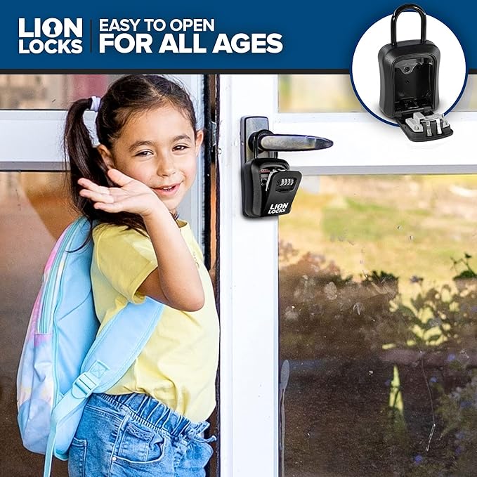 Lion Locks Lock Box - House Key Lockbox, Real Estate Lock Box with Combination, Car Key Safe - Waterproof, Easy Install, Black