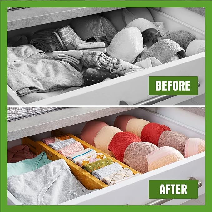 ANTOWIN Bamboo Drawer Dividers Organizers, Drawer Separators Splitter,13-17 inches Long Adjustable Spring-loaded Organizer for Large Utensil, Clothes, Tools Drawers (4+3)