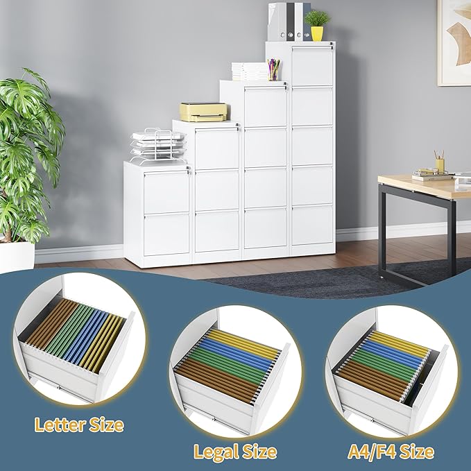 4 Drawer File Cabinet with Lock, Vertical Filing Cabinets for Home Office, Metal Storage Cabinets, Heavy Duty File Cabinet for Letter/Legal/A4/F4 Size Amssebly Required, White