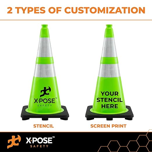 Xpose Safety 28” Lime Green Traffic Cone Dual 6" & 4" Reflective Collar – 8 Pack Multipurpose Premium PVC Safety Cone for Parking, Caution, Construction, Road Crews, Emergency Vehicle - DOT Approved
