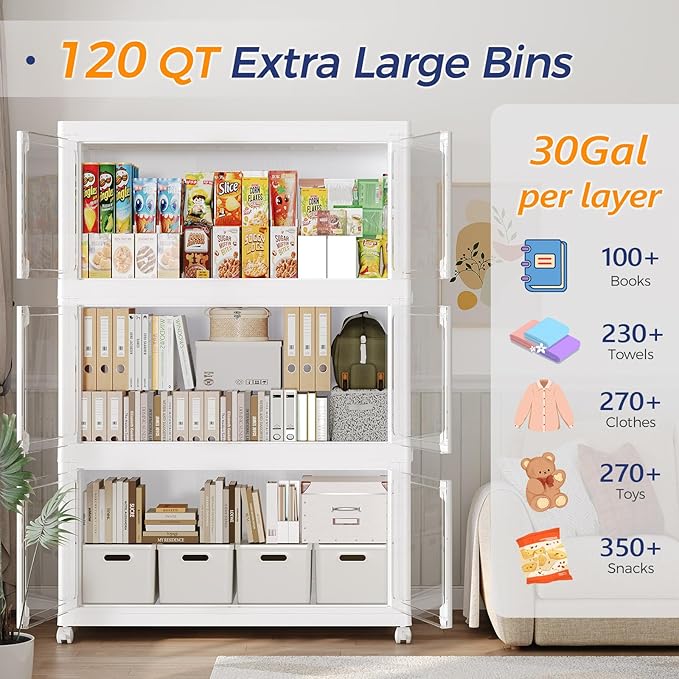 120Gal Plastic Stackable Storage Bins with Lid, 480Qt Collapsible Closet Organizer and Storage, Folding Storage Box with Wheels and Clear Doors for Home Kitchen Office Dorm Room, 4Pack White