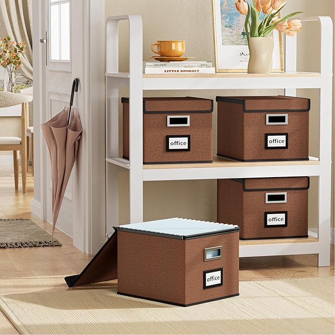Huolewa Upgrade Portable File Organizer Box with Lid,Large Linen Hanging Office Document Storage Box with Lid,Collapsible Filing&Storage Box for Office/Decor/Home-14.9x12.7x10.8in,1pk-without folders