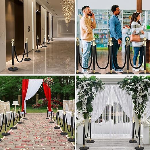6PCS Black Gold Stanchions, Stanchions and Velvet Ropes 4PCS, Crowd Control Barriers, Black Poles for Red Carpet Suitable for Theaters, Party, Exhibition Center, Ticket Office