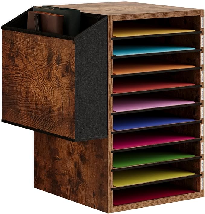 Office Mail Sorter, Wooden Paper Organizer with Storage Bag, 10 Tier Adjustable Classroom Mailbox, Removable Classroom Organization, Teacher Desk Organization for Office, Study, Brown