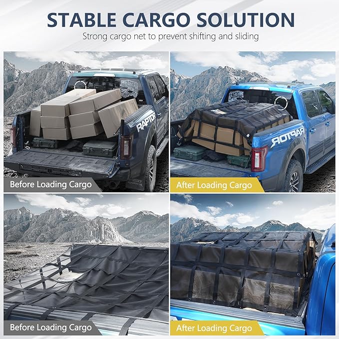 Tecoom Truck Bed Net, Heavy Duty with Mesh - 7.51' x 7.35' Truck Bed Bungee Net Mesh with Capacity 1,500 lbs - Compatible with Trailer, Trucks, Boat, Jeep, Pickup