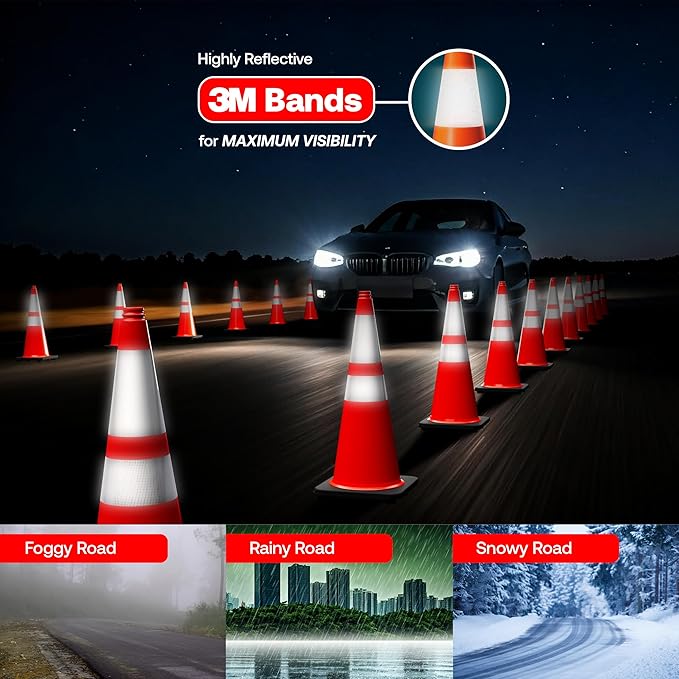 Brimar 28 Inch Traffic Cones, 8 Pack, Orange PVC Safety Cones with Black Base for Construction, Road Parking, MUTCD Approved Traffic Cones with 3M Reflective Bands, Structurally Stable Wearproof