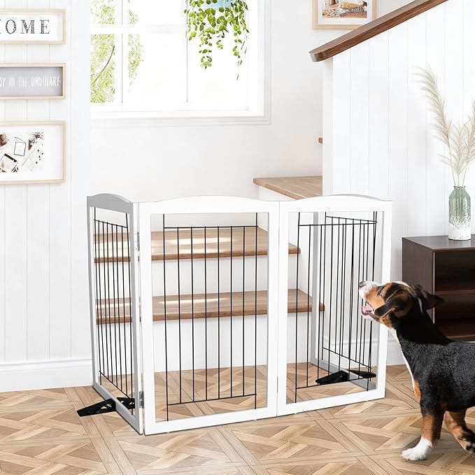 Dog Fence Indoor - 2-Panel Freestanding Dog Gate for Doorways, Hallways, House or Stairs -40x32-Inch Retractable Foldable Expandable Wood Pet by SFJC (White)