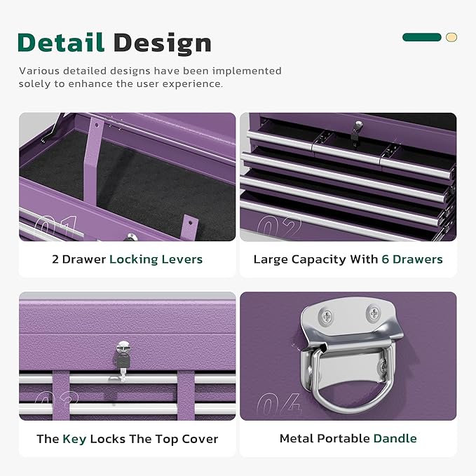 Greenvelly 8-Drawer Rolling Tool Chest, Metal Tool Chest with Wheels, Tool Cabinet with Detachable Top Tool Box, Metal Tool Cart with Liner & Hooks for Garage, Workshop, Warehouse (Purple)
