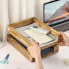 BTSKY 2PCS Vintage Wood Letter Tray with Anti-Slip Bars, Stackable A4 Paper Document File Organizer, Solid Wood Desktop Office Desk Storage Holder for Office and Home