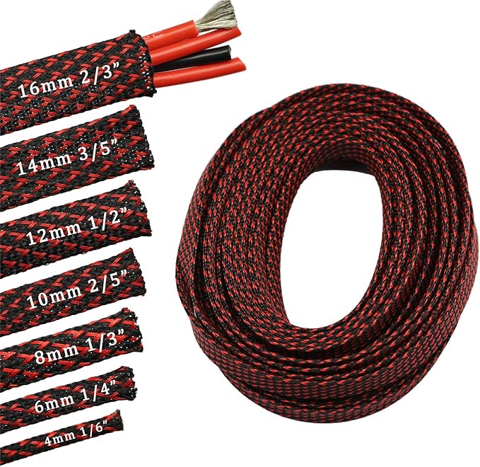 30ft PET Expandable Sleeving Wire Cable Sleeve (1/2", Red&Black)