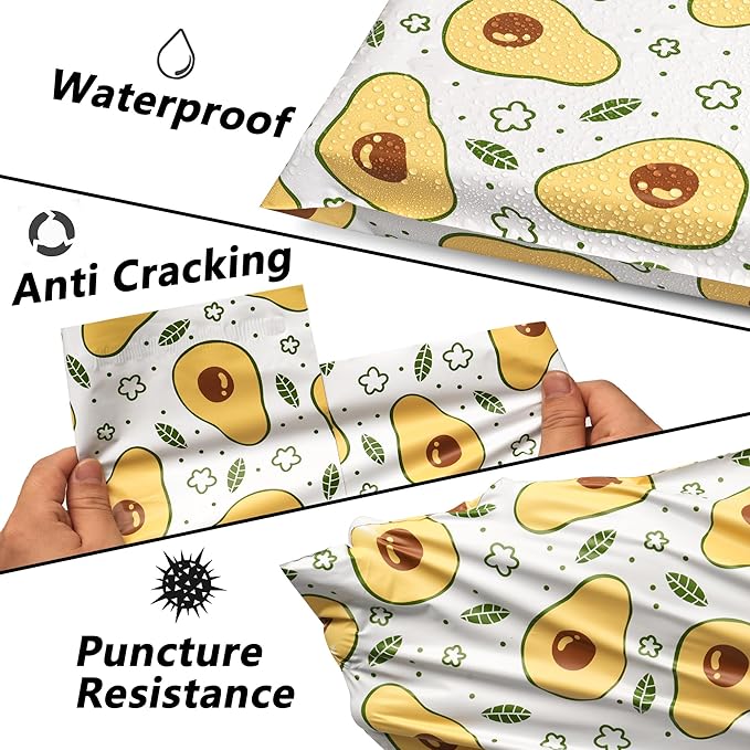 Poly Mailers 12x15.5 Inch 50 Pcs - Avocado printed Shipping Bags, 2.4mil Thickness, Waterproof and Tear Resistant Mailing Envelopes, Self-Sealing Packaging Bags for Small Business