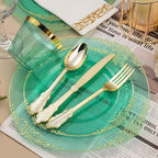350PCS Clear Green Plastic Plates for 50 Guests, Disposable Plates with Gold Trim include 100 Dinner Plates, 150 Gold Silverware, 50 Cups, 50 Napkins for Party, Wedding and Graduation